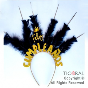 VINCHA PRECINTOS FELIZ CUMPLEA�OS CON PLUMAS NEGRO Y DORADO x 1